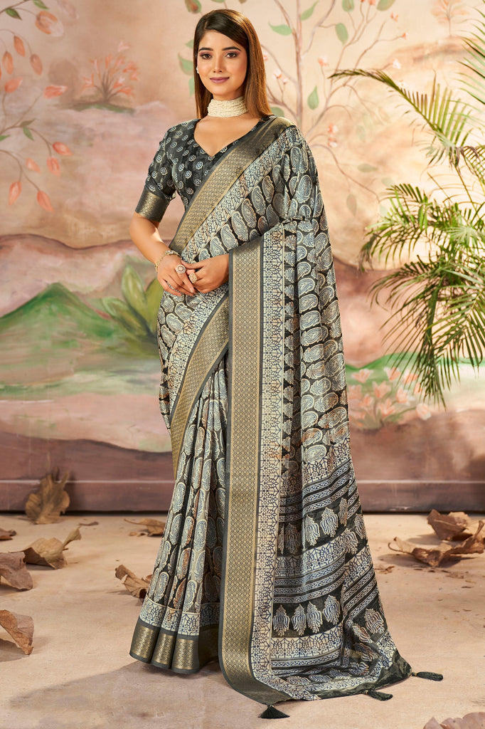 Incredible Grey Printed Dola Silk Casual Wear Saree With Blouse