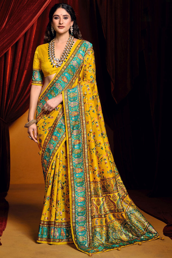 Wonderful Mustard Paisley Printed Tussar Silk Haldi Wear Saree