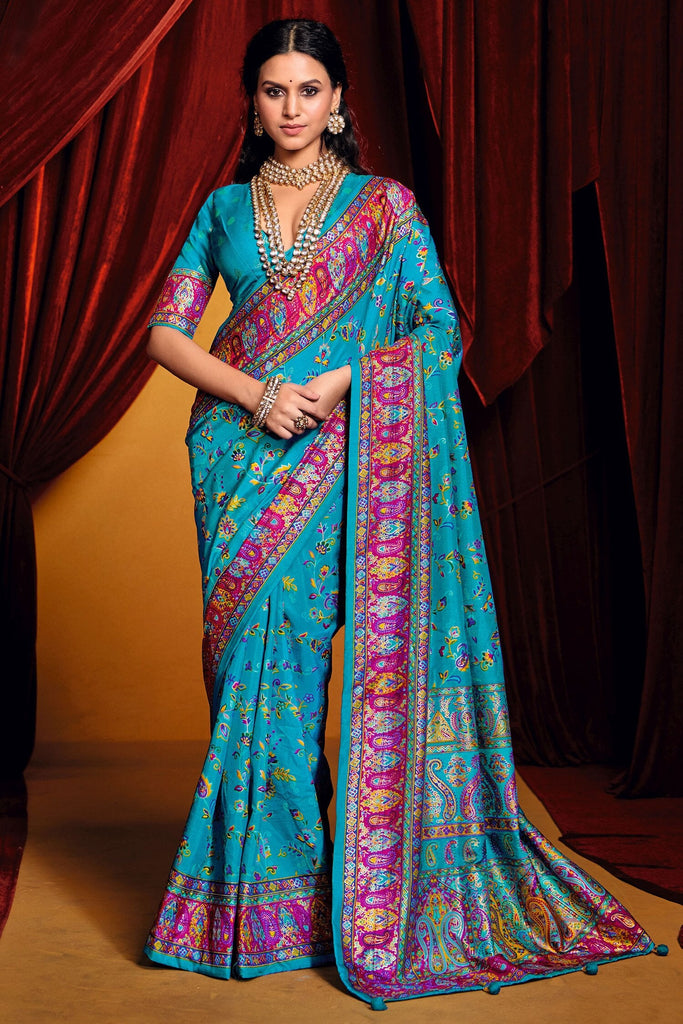 Ravishing Sky-Blue Paisley Printed Tussar Silk Festival Wear Saree