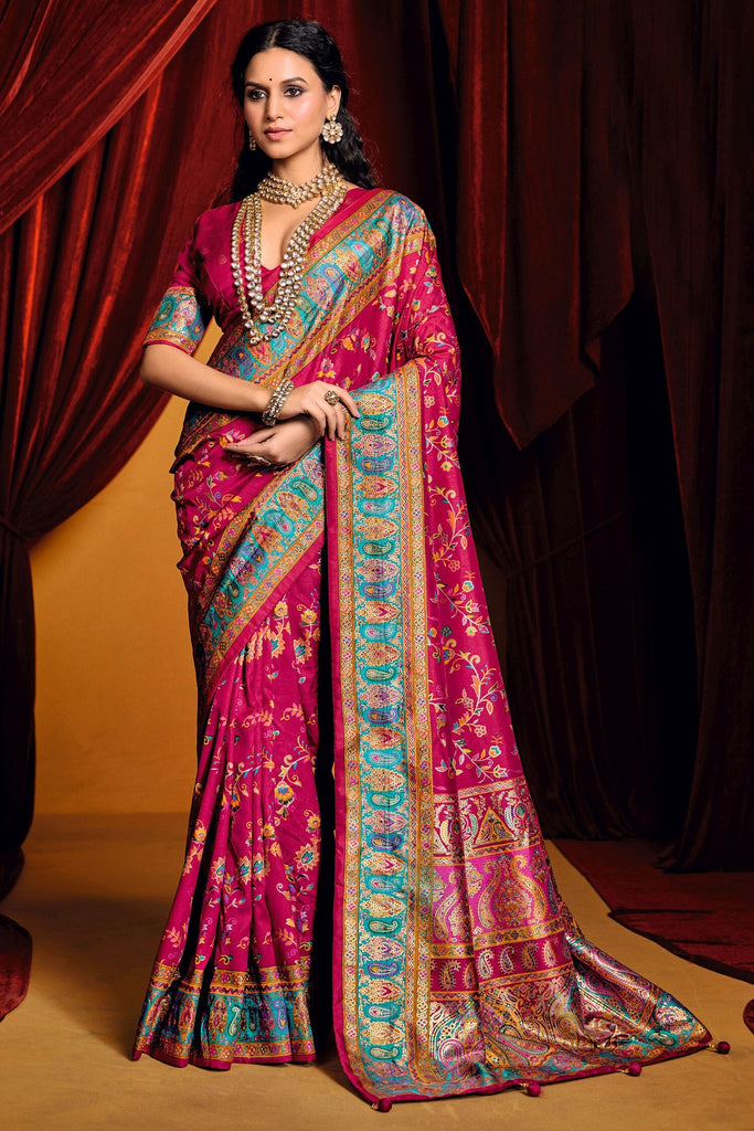 Attractive Rani Pink Paisley Printed Tussar Silk Traditional Saree