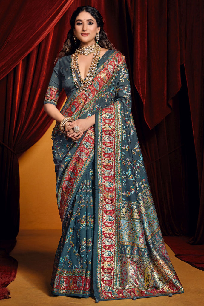Lovely Dark Grey Paisley Printed Tussar Silk Event Wear Saree