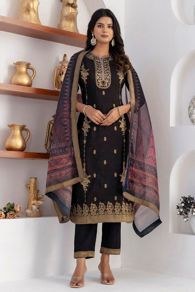 Beautiful Black Zari Weaving Jacquard Silk Event Wear Pant Suit