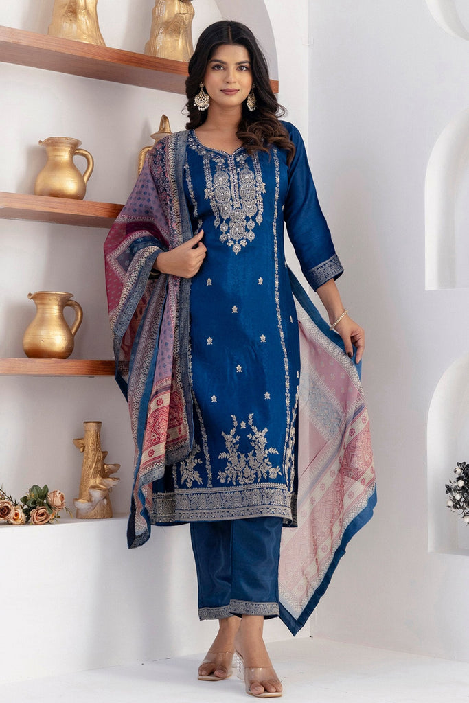 Fabulous Blue Zari Weaving Jacquard Silk Festival Wear Pant Suit