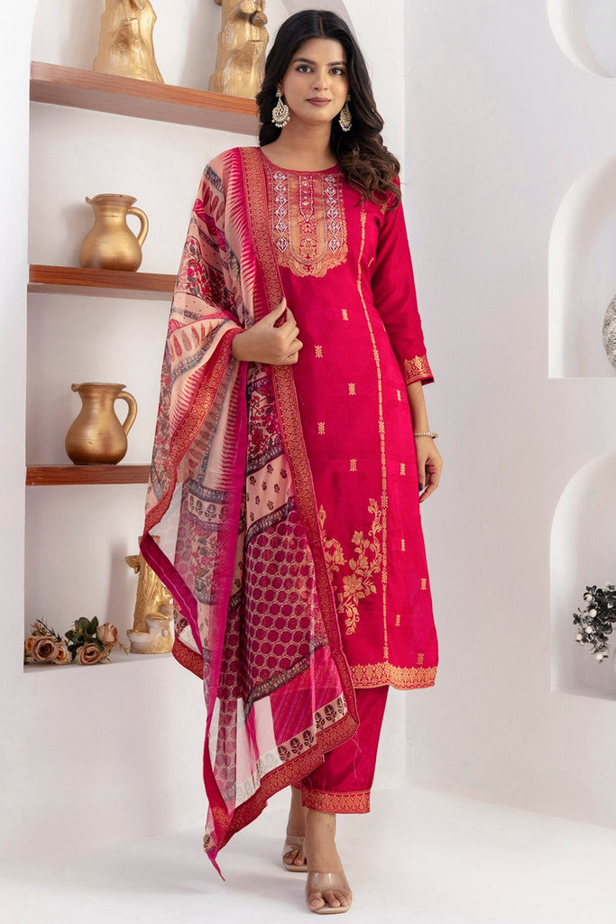 Fantastic Cherry Red Zari Weaving Jacquard Silk Event Wear Pant Suit