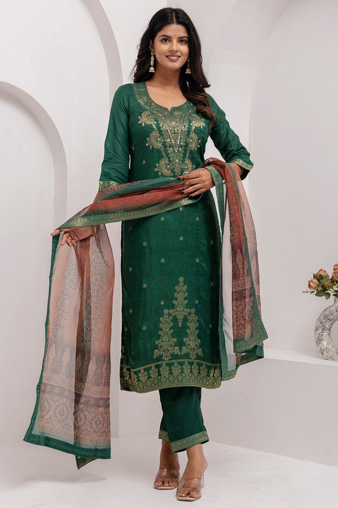Incredible Green Zari Weaving Jacquard Silk Mehendi Wear Pant Suit