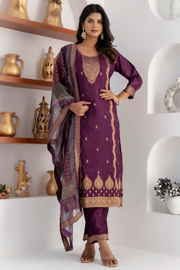 Marvelous Purple Zari Weaving Jacquard Silk Festival Wear Pant Suit