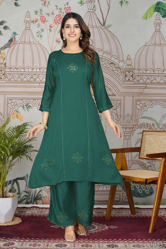 Astonishing Teal Green Embroidery Work Gajji Silk Kurti With Pant