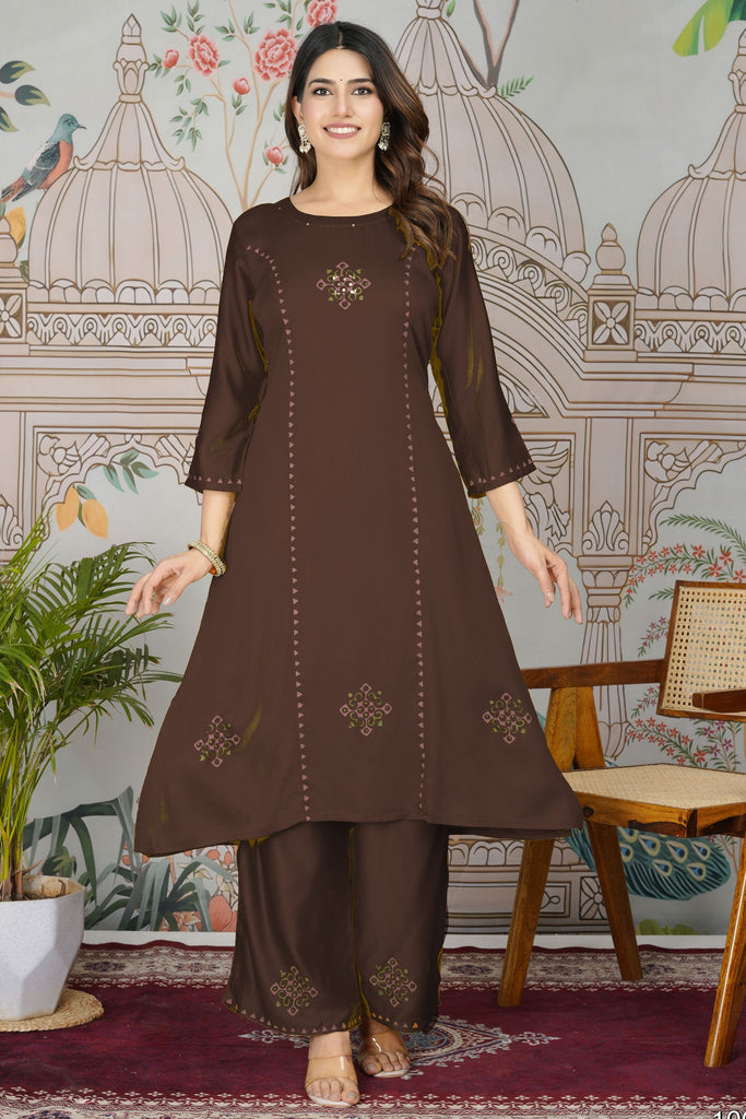 Dazzling Dark Brown Embroidery Work Gajji Silk Kurti With Pant