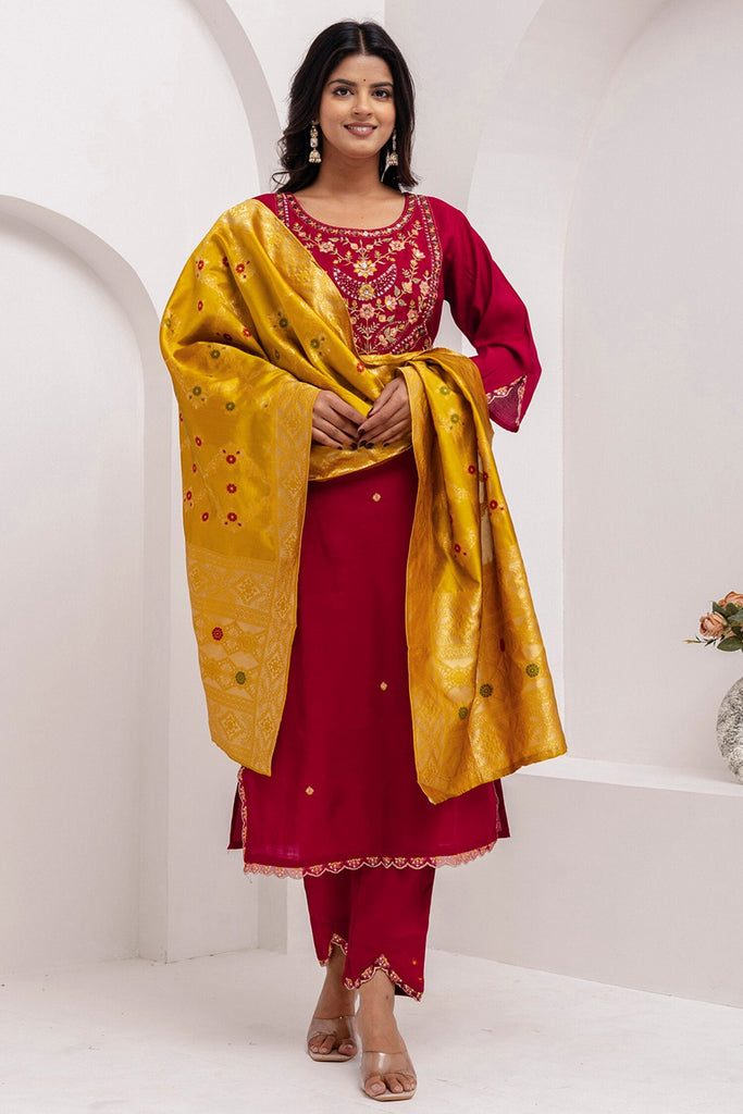 Fabulous Maroon Floral Embroidery Viscose Silk Festival Wear Pant Suit