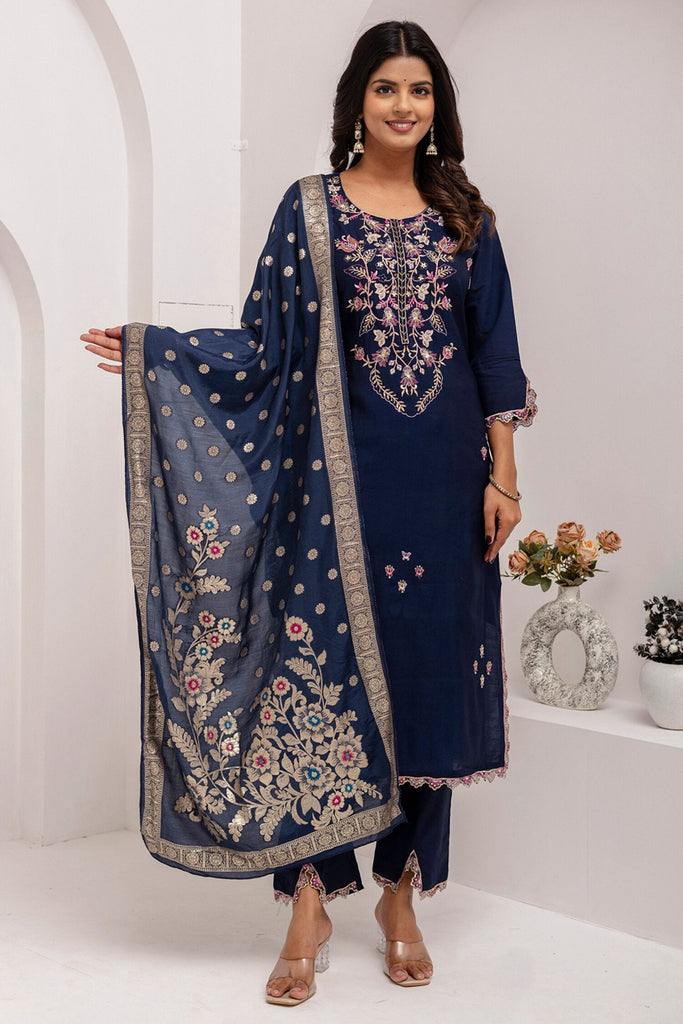 Spectacular Navy-Blue Embroidered Viscose Silk Event Wear Pant Suit