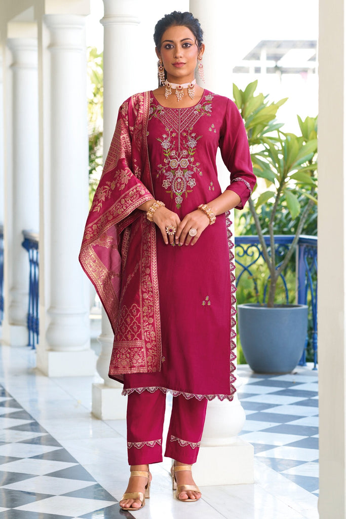 Dazzling Pink Hand Work Viscose Silk Festival Wear Pant Suit