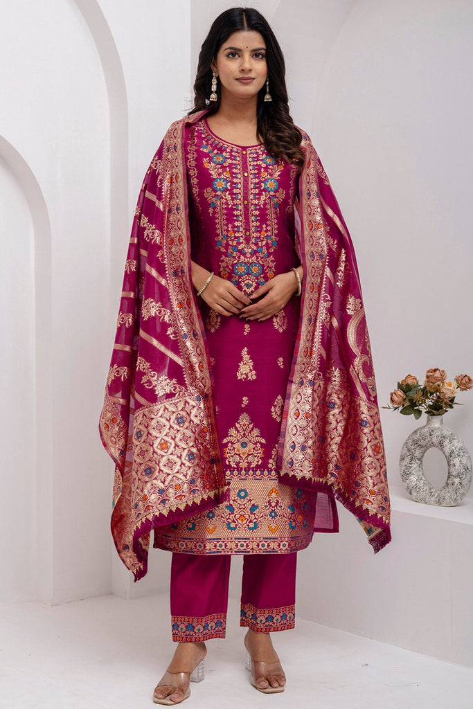 Majestic Magenta Color Zari Weaving Jacquard Silk Event Wear Pant Suit