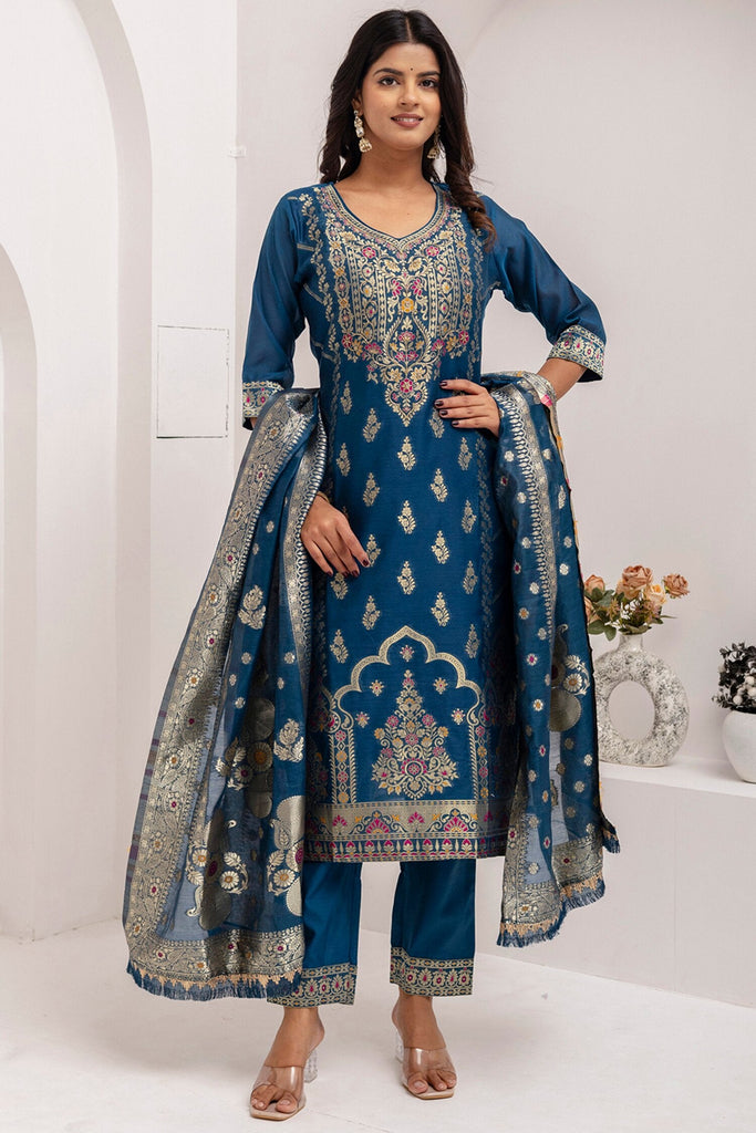Tantalizing Teal Blue Zari Weaving Jacquard Silk Event Wear Pant Suit