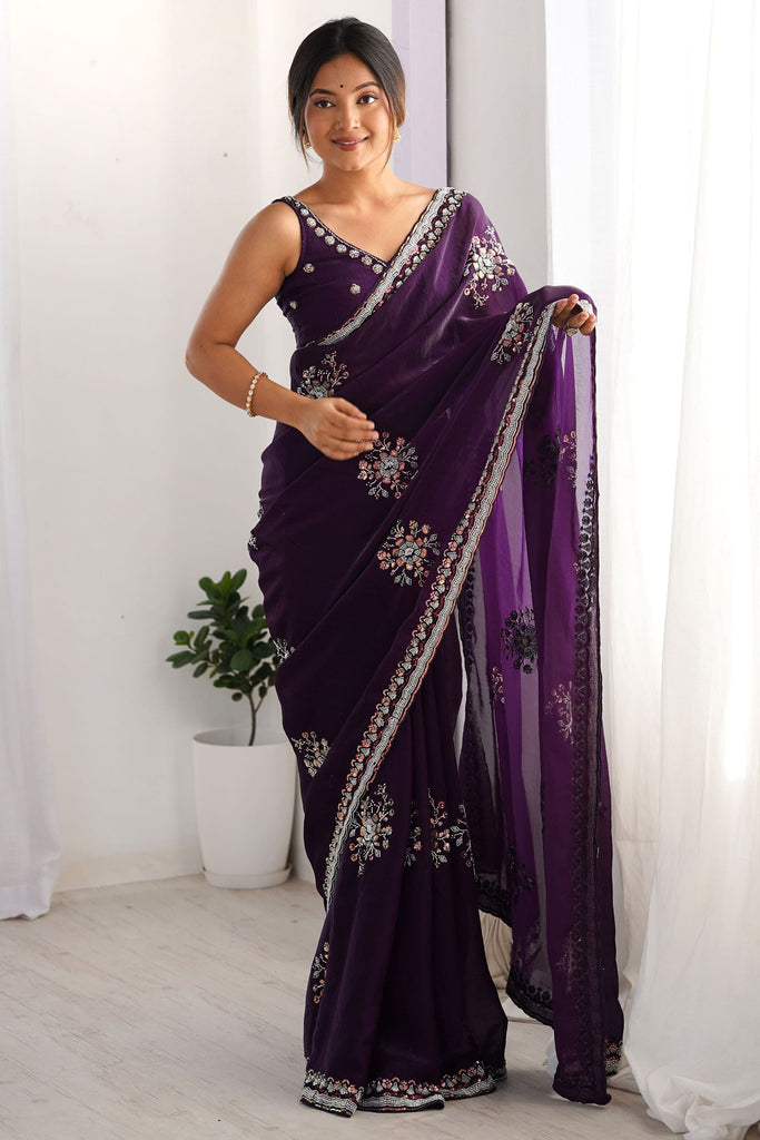 Winsome Purple Beads Work Satin Event Wear Saree With Blouse