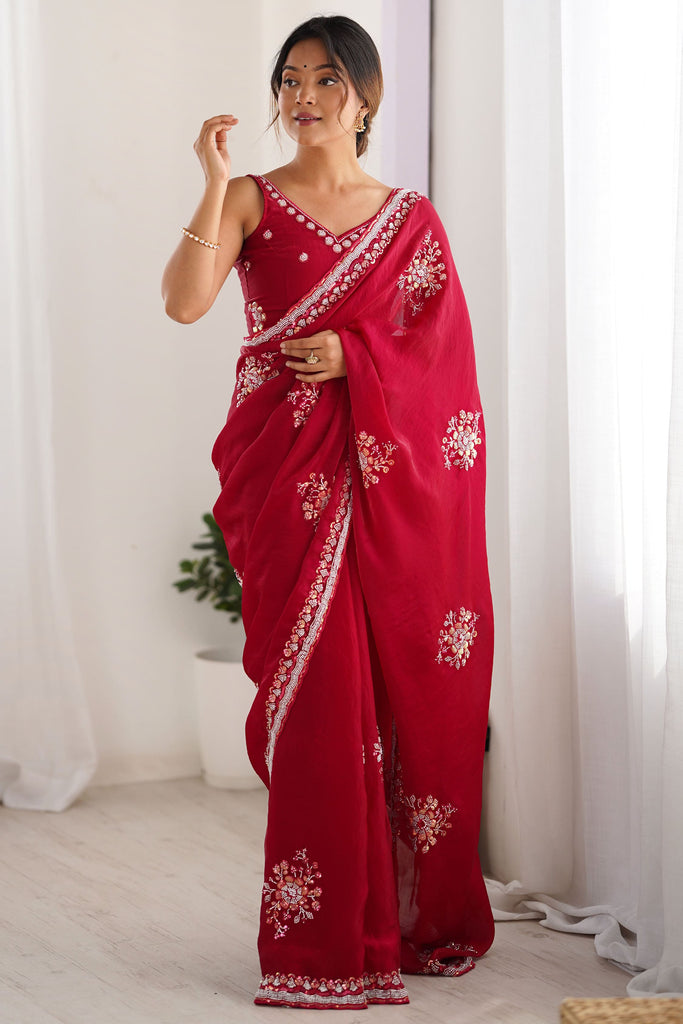 Classy Pink Sequins Work Satin Function Wear Saree With Blouse