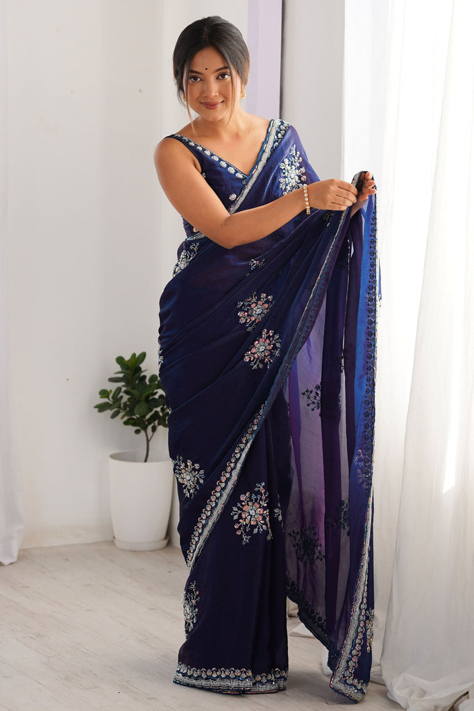 Stunning Navy Blue Sequins Work Satin Event Wear Saree With Blouse