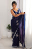 Stunning Navy Blue Sequins Work Satin Event Wear Saree With Blouse