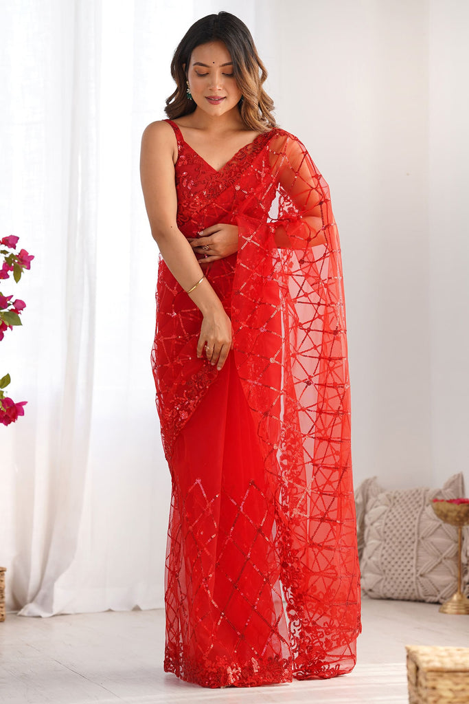 Fabulous Red Sequins Work Net Party Saree With Blouse