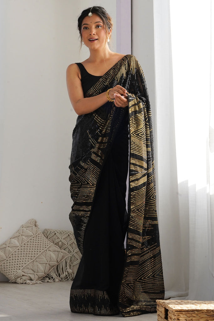Alluring Black Sequins Work Georgette Party Wear Saree With Blouse