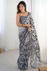 Lovely White Digital Printed Chinon Party Wear Saree With Blouse