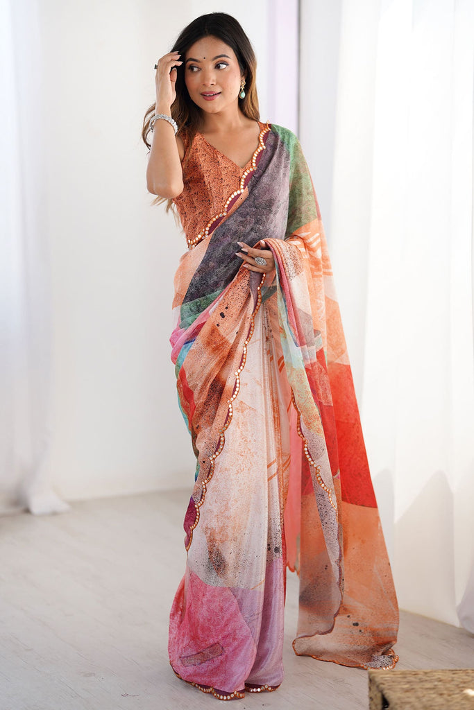Enjoyable Multi-Color Digital Printed Chinon Cocktail Party Wear Saree