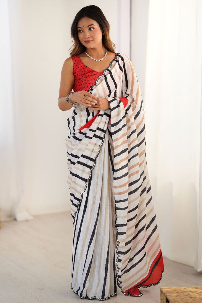 Beautiful White Digital Printed Chinon Party Wear Saree With Blouse