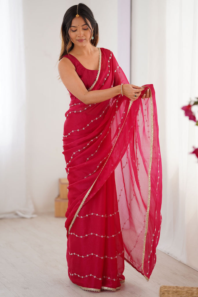 Beautiful Pink Beads Work Chiffon Reception Wear Saree With Blouse