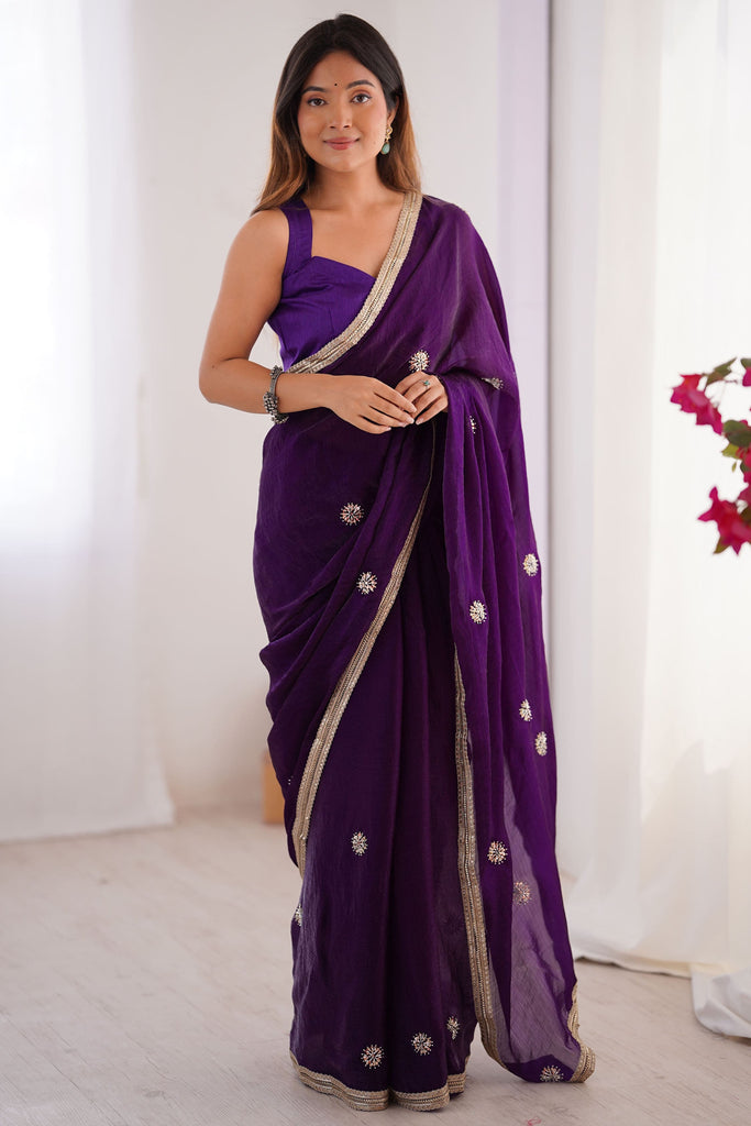 Majestic Purple Beads Work Silk Reception Wear Saree With Blouse