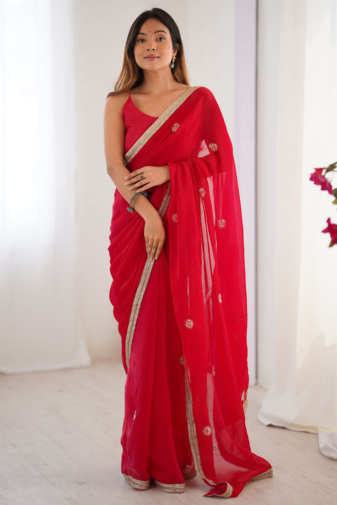 Wonderful Red Beads Work Silk Event Wear Saree With Blouse
