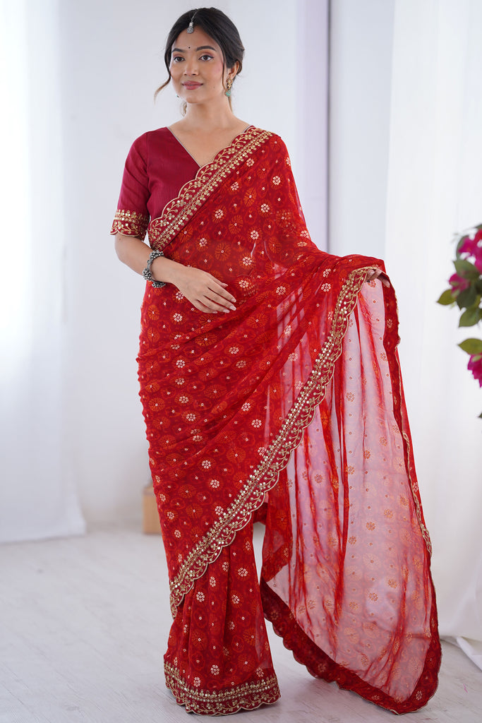 Outstanding Red Sequins Georgette Wedding Wear Saree With Blouse