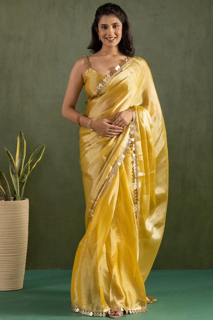Adorable Yellow Border Work Chiffon Pre-Stitched Saree With Blouse