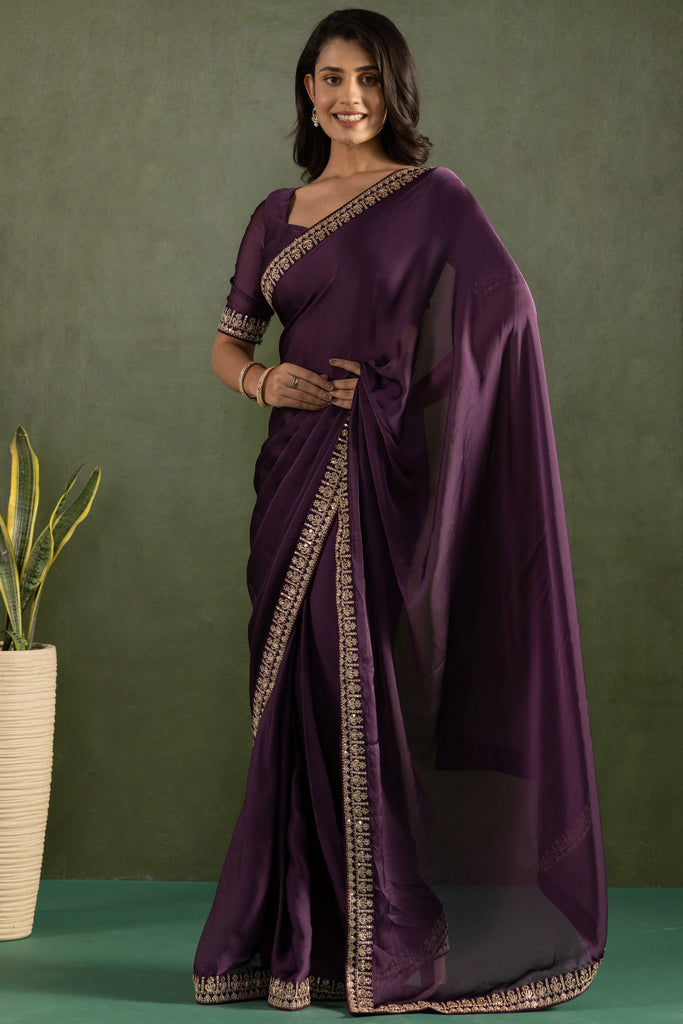 Attractive Purple Border Work Chiffon Ready To Wear Saree With Blouse