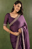 Attractive Purple Border Work Chiffon Ready To Wear Saree With Blouse