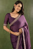 Attractive Purple Border Work Chiffon Ready To Wear Saree With Blouse
