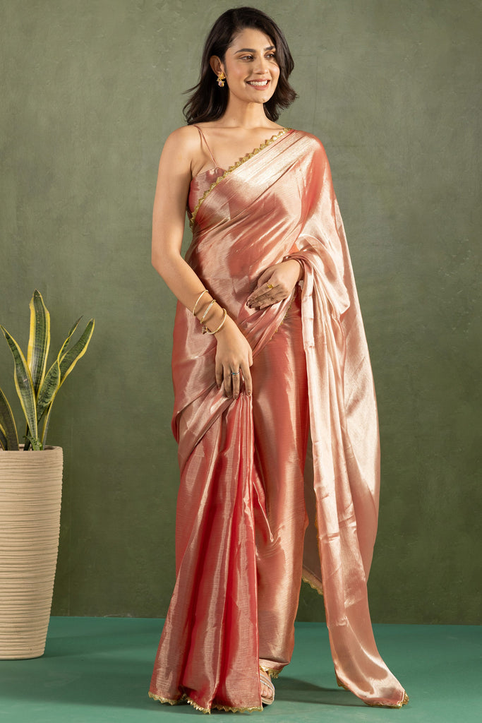 Pretty Rose Gold Chiffon Party Wear Pre-Stitched Saree With Blouse