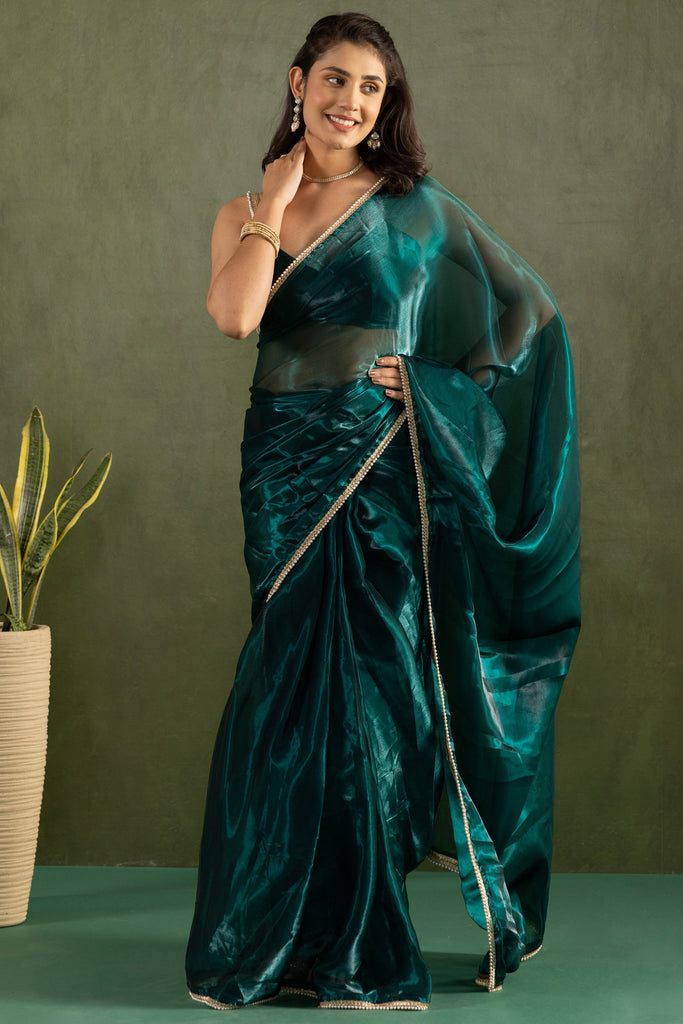 Astonishing Teal Blue Chiffon Reception Wear Pre-Stitched Saree