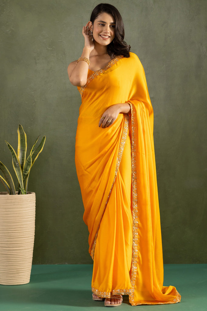Glamorous Yellow Border Work Chiffon Festival Wear Pre-Stitched Saree