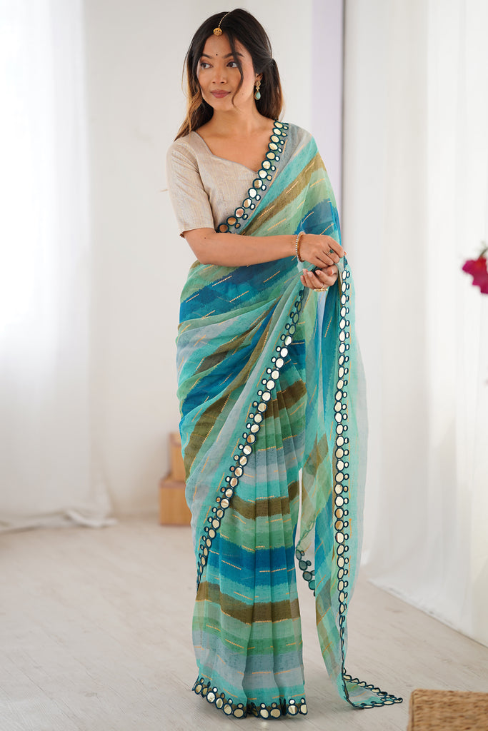 Elegant Teal Blue Leheriya Printed Chiffon Traditional Saree With Blouse