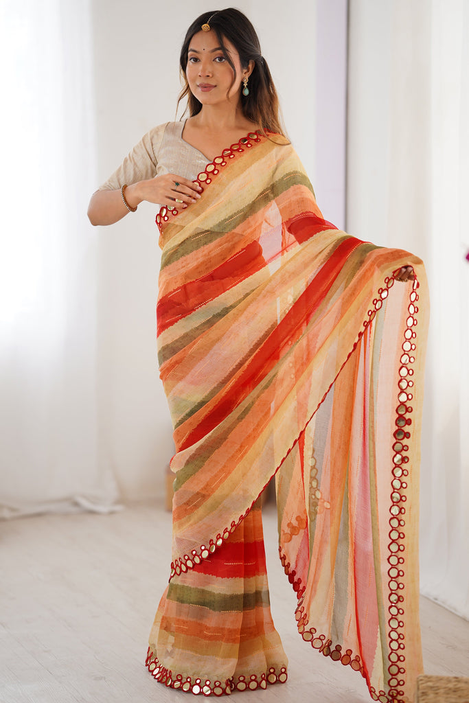 Magnetic Multi-Color Leheriya Printed Chiffon Saree With Blouse