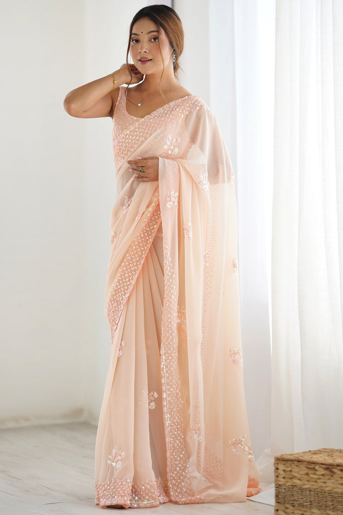 Gorgeous Peach Sequins Embroidered Georgette Festival Wear Saree