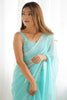 Alluring Sky-Blue Thread Work Georgette Reception Wear Saree