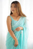 Alluring Sky-Blue Thread Work Georgette Reception Wear Saree