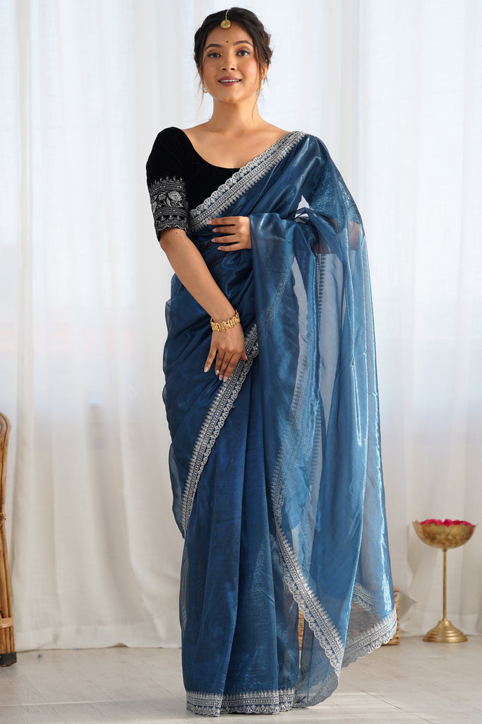 Impressive Teal Blue Border Work Net Party Wear Saree With Blouse