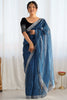 Impressive Teal Blue Border Work Net Party Wear Saree With Blouse