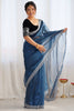 Impressive Teal Blue Border Work Net Party Wear Saree With Blouse