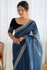 Impressive Teal Blue Border Work Net Party Wear Saree With Blouse