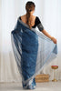 Impressive Teal Blue Border Work Net Party Wear Saree With Blouse