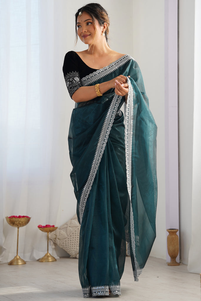 Refreshing Teal Green Border Work Net Trendy Saree With Blouse