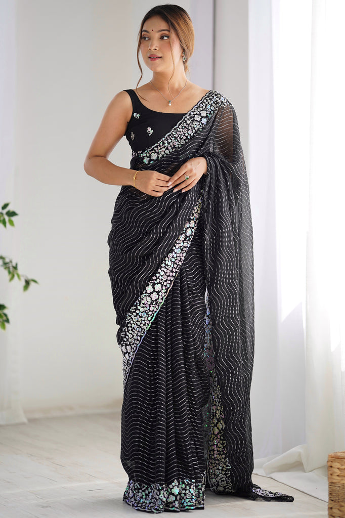 Sweet Black Sequins Georgette Reception Wear Saree With Blouse