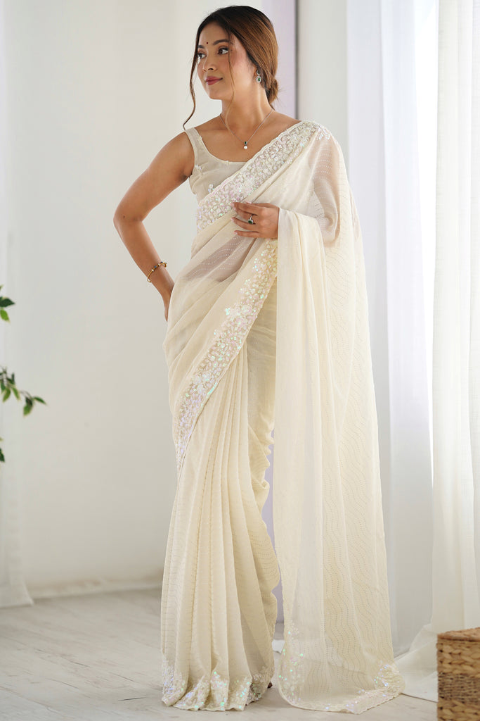 Delightful Cream Sequins Georgette Event Wear Saree With Blouse